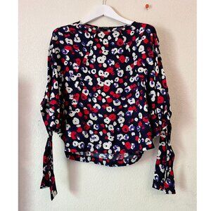 Derek Lam New York Womens Floral Silk Raglan Tie Cuff Blouse Top Size 2 Navy Red